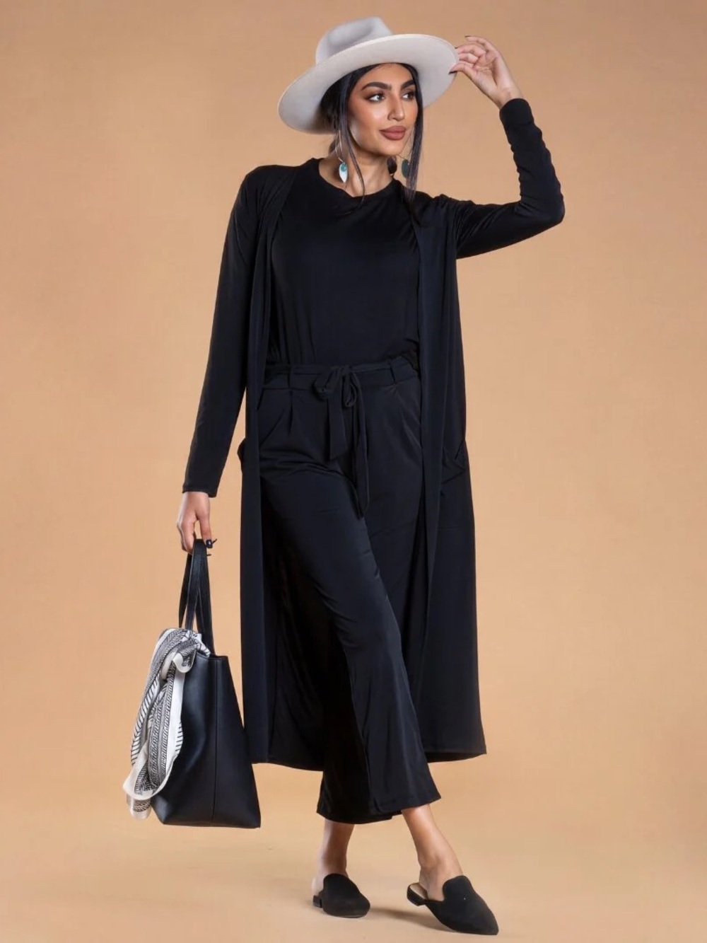 Brigitte Brianna Modest Minimalist Duster Cardigan Black Long Layer XL USA D17
